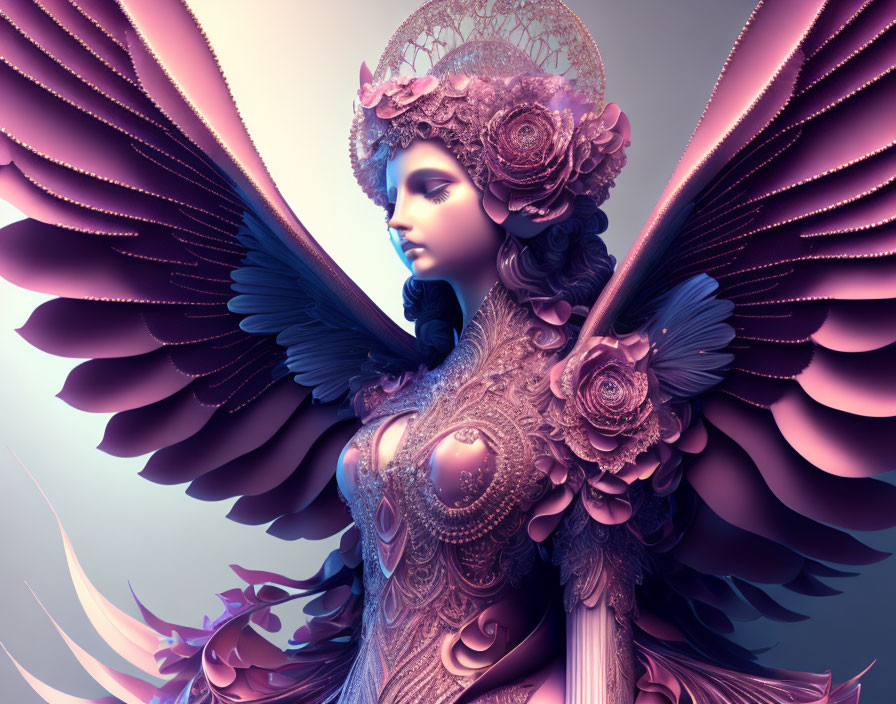 Fantastical figure with elaborate wings and ornate armor on purple backdrop