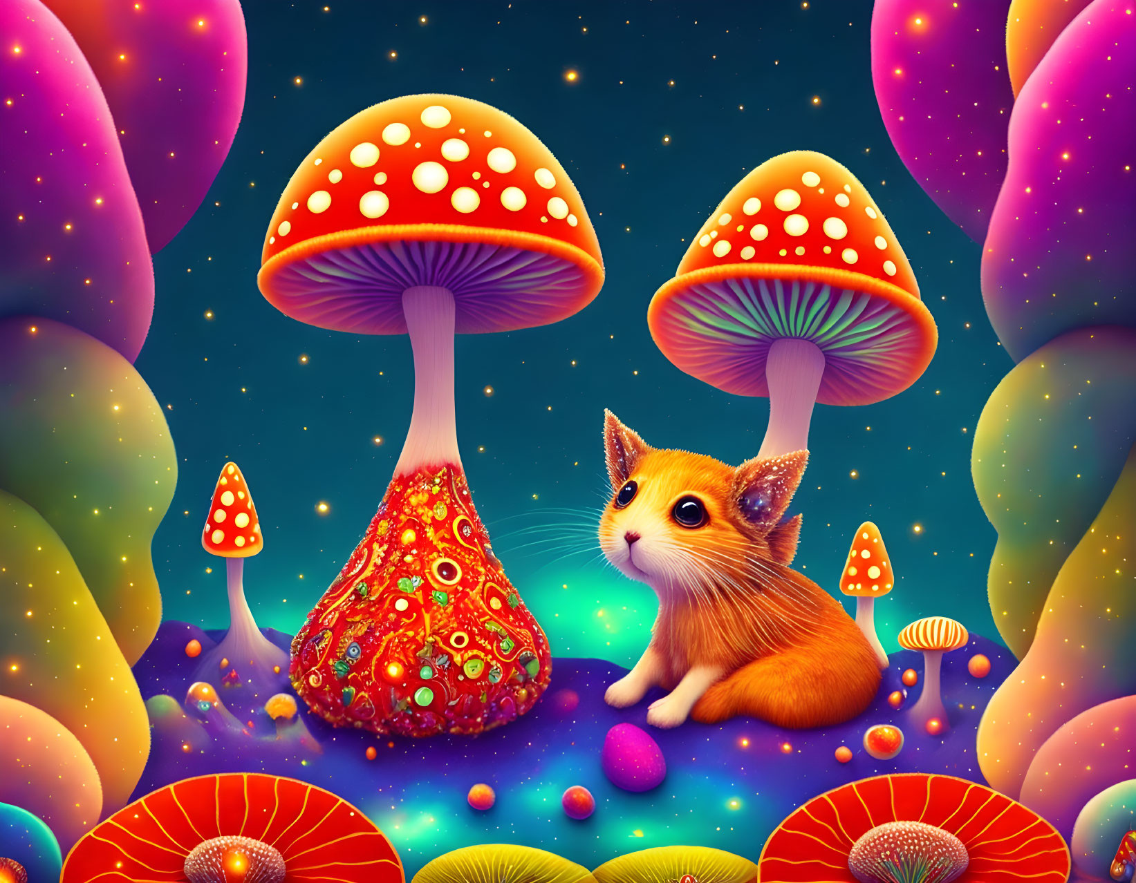 Colorful Cat and Mushrooms in Starry Sky
