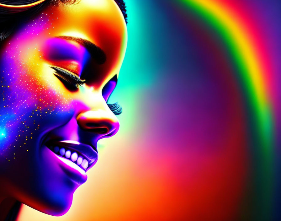 Colorful side profile digital art of smiling woman on rainbow backdrop