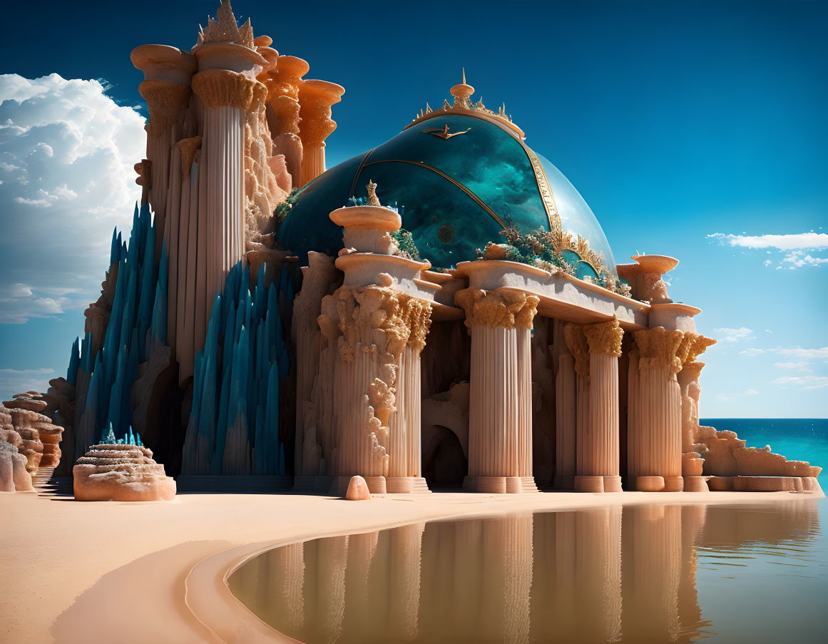 Fantastical palace with blue crystalline structures, classical columns, and green dome reflected in water