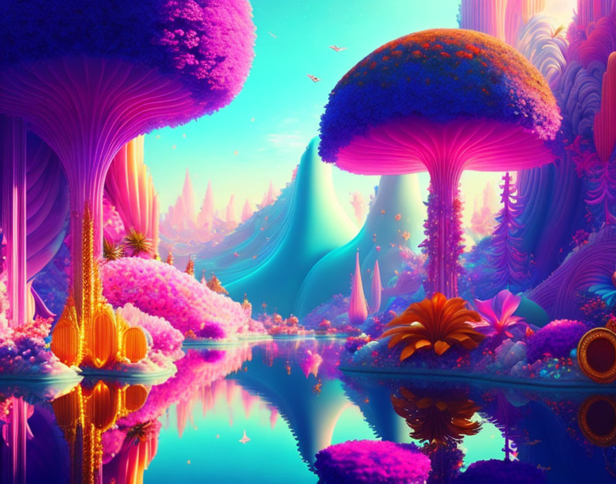 Colorful Fantasy Landscape with Mushroom-like Structures and Exotic Flora