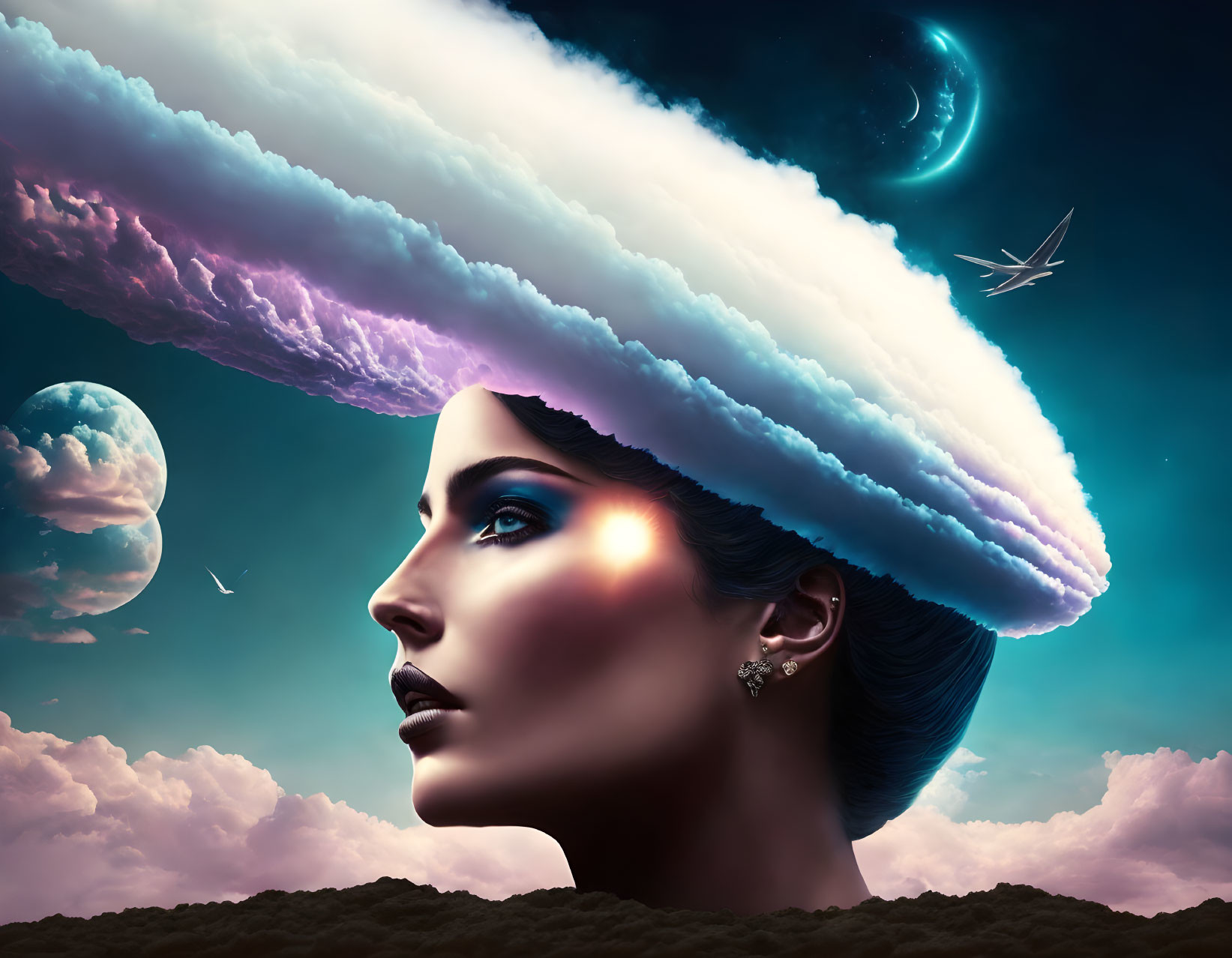 Surreal portrait: woman with cloud hair, night sky, crescent moon, full moon,