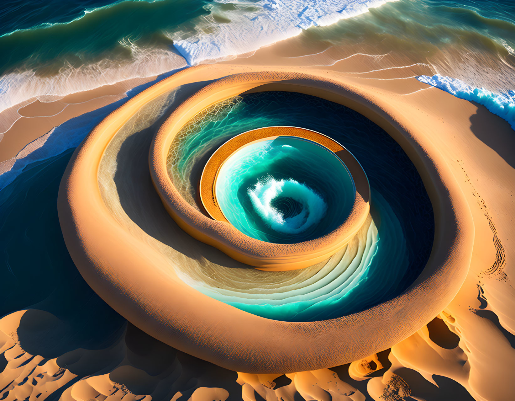 Surreal digital artwork: Beach and ocean blend in mesmerizing vortex