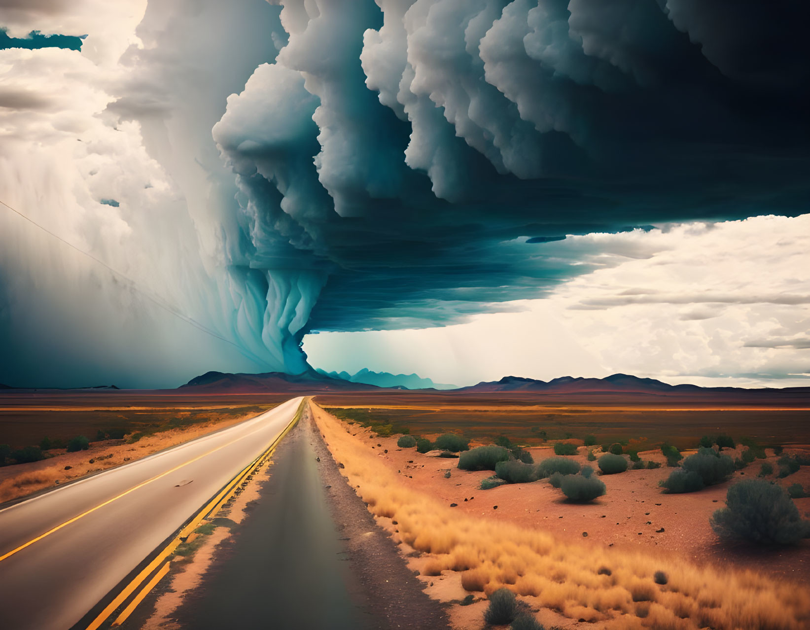 Straight Road in Desert Landscape with Storm Clouds and Rainfall