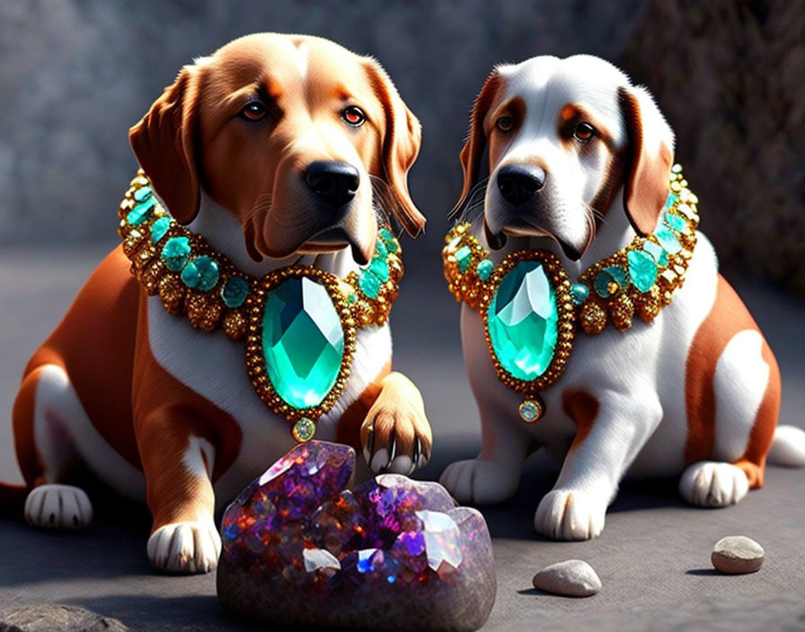 Two Dogs with Gemstone Necklaces and Sparkling Gemstone Display