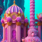 Fantasy scene with pink and gold dome and coral-like formations in blue and pink