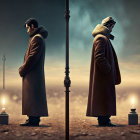 Man in Coat Mirrored Back-to-Back at Dusk Sky with Lamppost