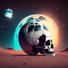 Surreal landscape with giant skull, planet, starry sky, and colorful horizon