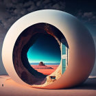 Surreal desert landscape with egg-like structure and moon in twilight sky