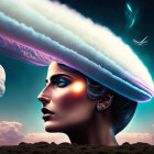 Surreal portrait: woman with cloud hair, night sky, crescent moon, full moon,