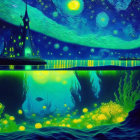 Vibrant digital art: Castle on island with water reflection and underwater flora.