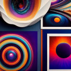 Abstract Digital Artworks: Vibrant Swirls & Circular Patterns in Cosmic Colors