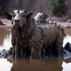 Statues of Wolf Heads Covered in Mud and Debris