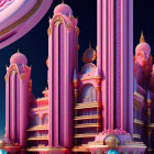 Fantastical image of towering pink and purple structures with golden accents against a blue sky.