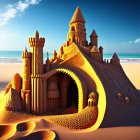 Intricate Sandcastle Towers with Archway on Beach Skyline