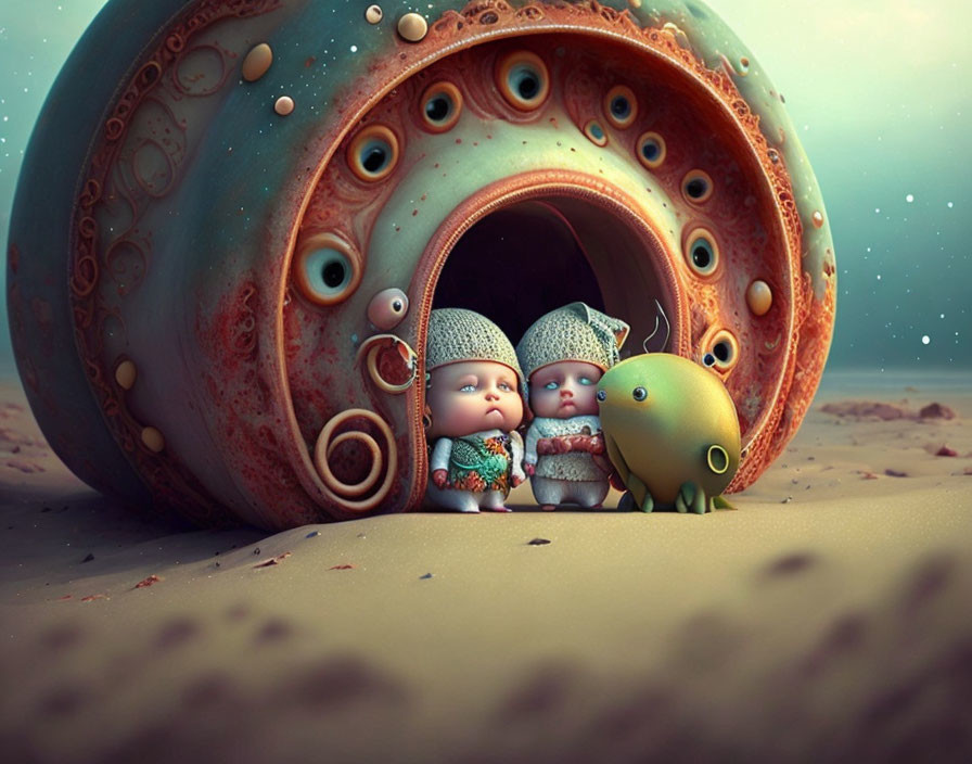 Animated Babies and Green Creature by Oversized Teapot in Dreamy Setting