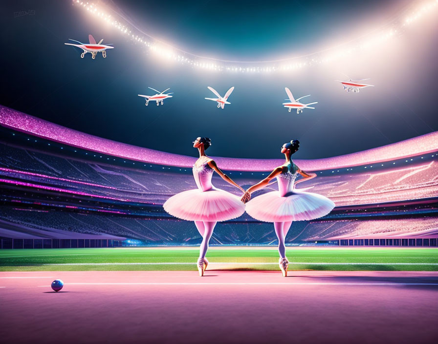 Colorful sports field with illuminated ballerinas and flying drones.