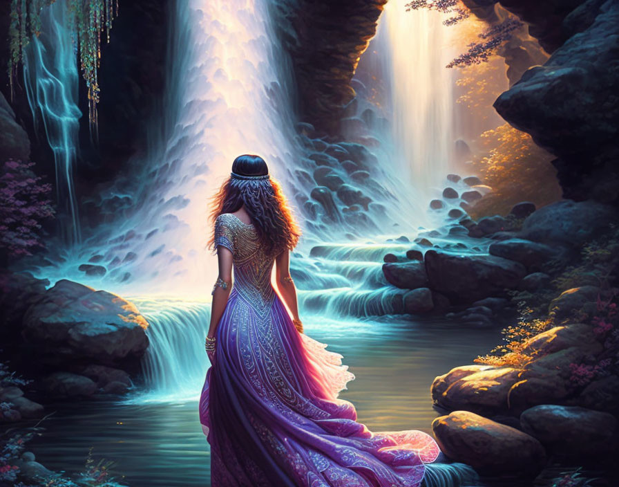 Woman in Purple Gown at Waterfall with Sunlight and Foliage