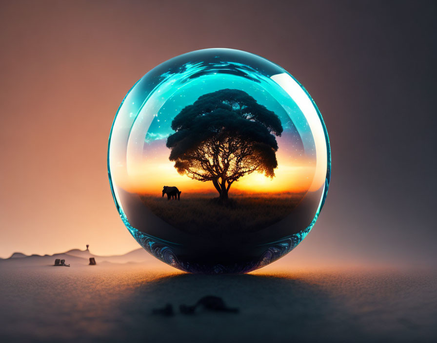 Serene sunset scene with lone tree and elephant silhouette in crystal ball