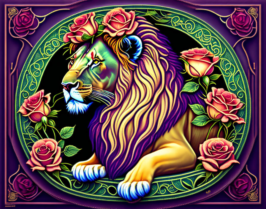 Vibrant lion illustration with Celtic knot border and roses