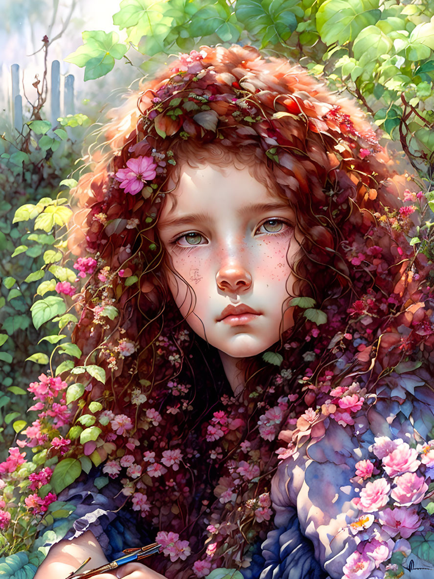 Young girl with floral wreath, freckles, surrounded by pink flowers in digital painting