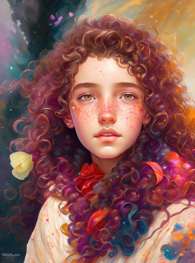 Colorful digital painting of a girl with curly hair and freckled cheeks