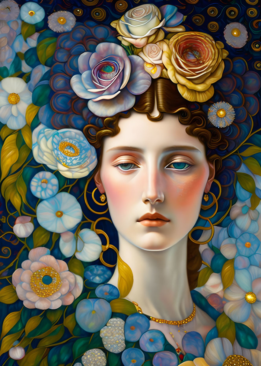 Portrait of serene woman with vibrant floral backdrop and gold jewelry