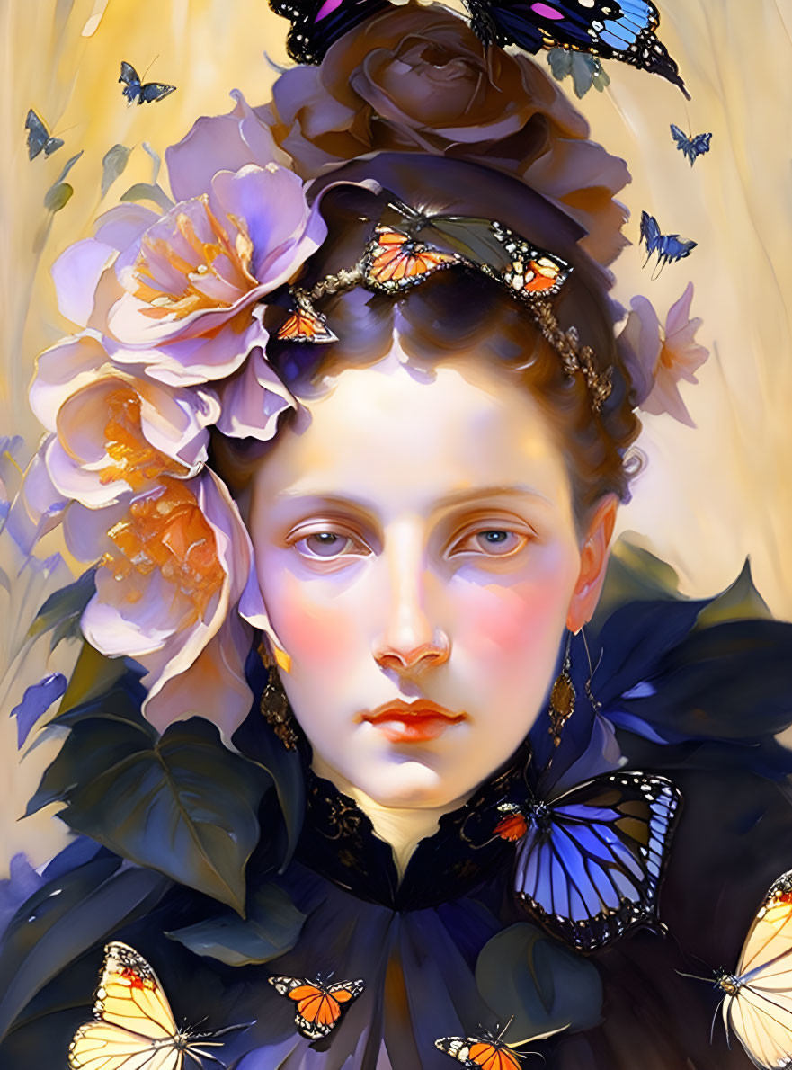 Woman with Flowers and Butterflies in Hair, Soft Hues and Dreamlike Quality