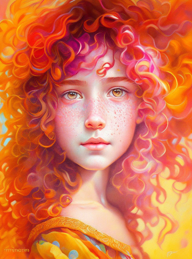 Vibrant portrait of a young girl with curly red hair and blue eyes