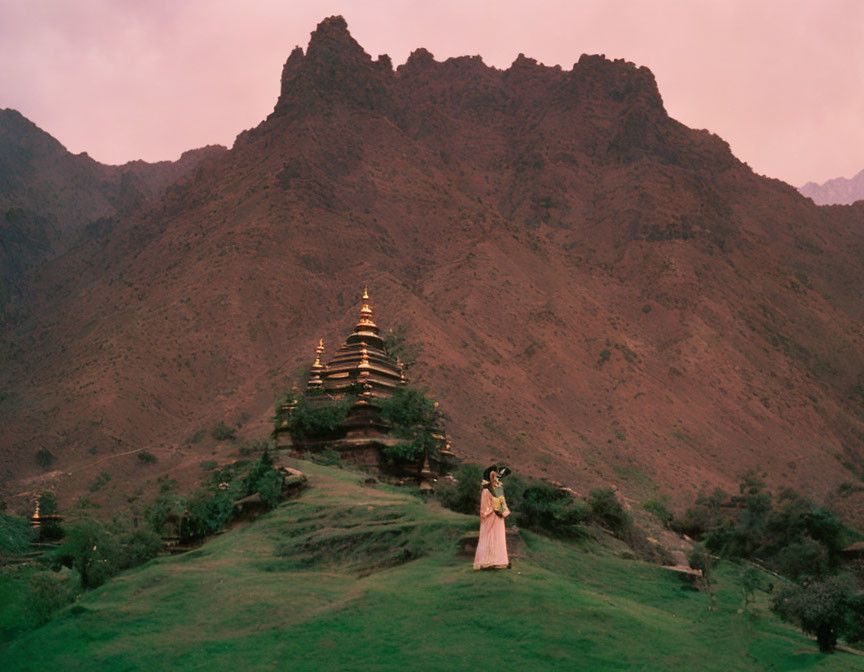 Person in lush green field facing multi-tiered pagoda with mountain backdrop.