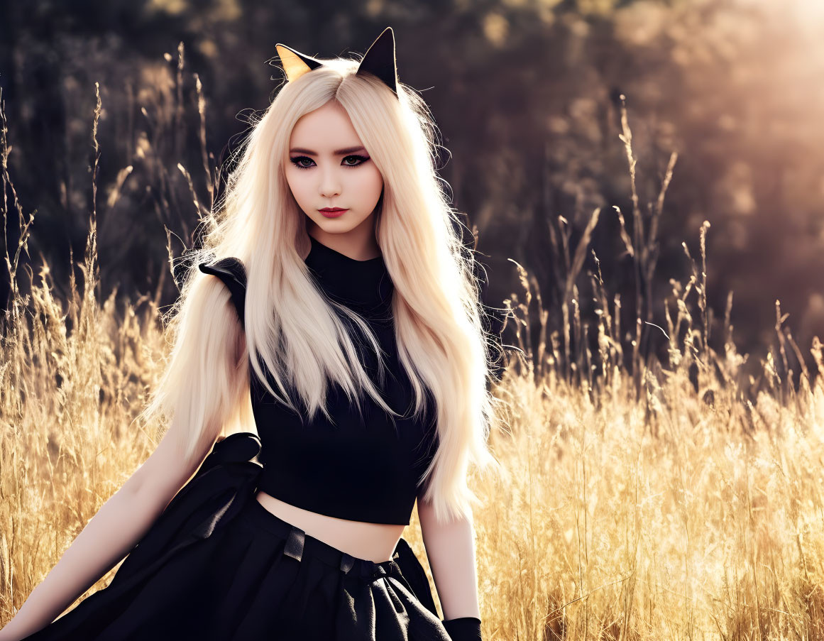 Blonde woman in cat ears and black outfit in sunlit field
