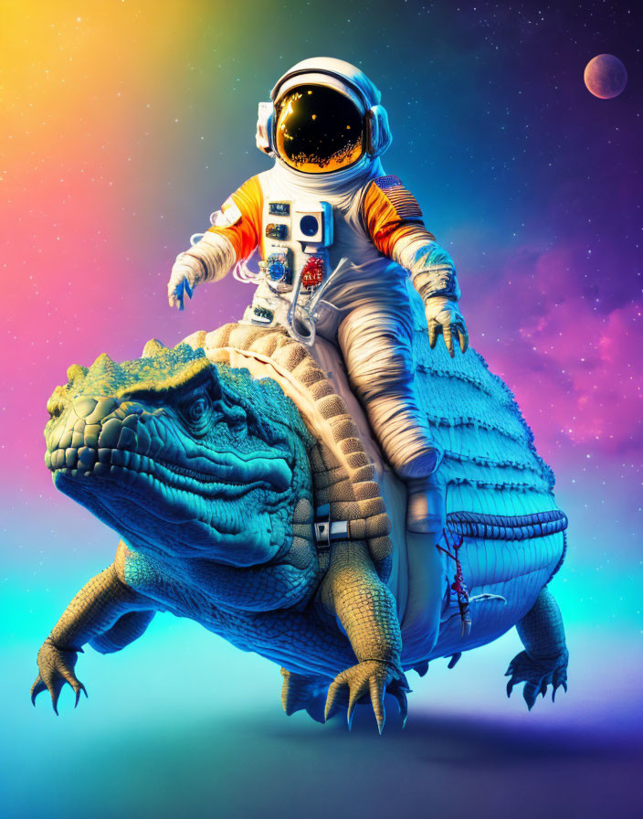 Astronaut riding crocodile in space scene