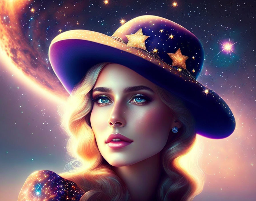 Digital illustration of woman in cosmic attire against starry backdrop