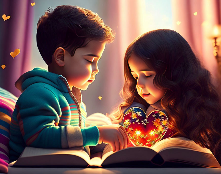 Children reading glowing heart-shaped illustrations in magical book