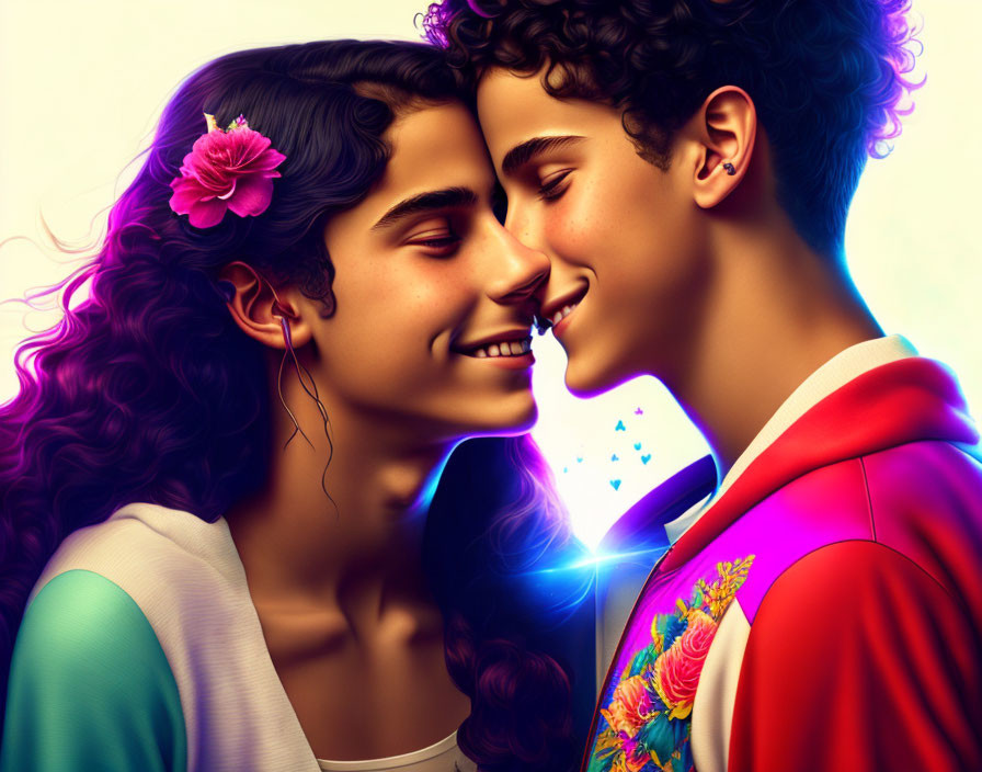 Colorful digital illustration of young couple smiling warmly.