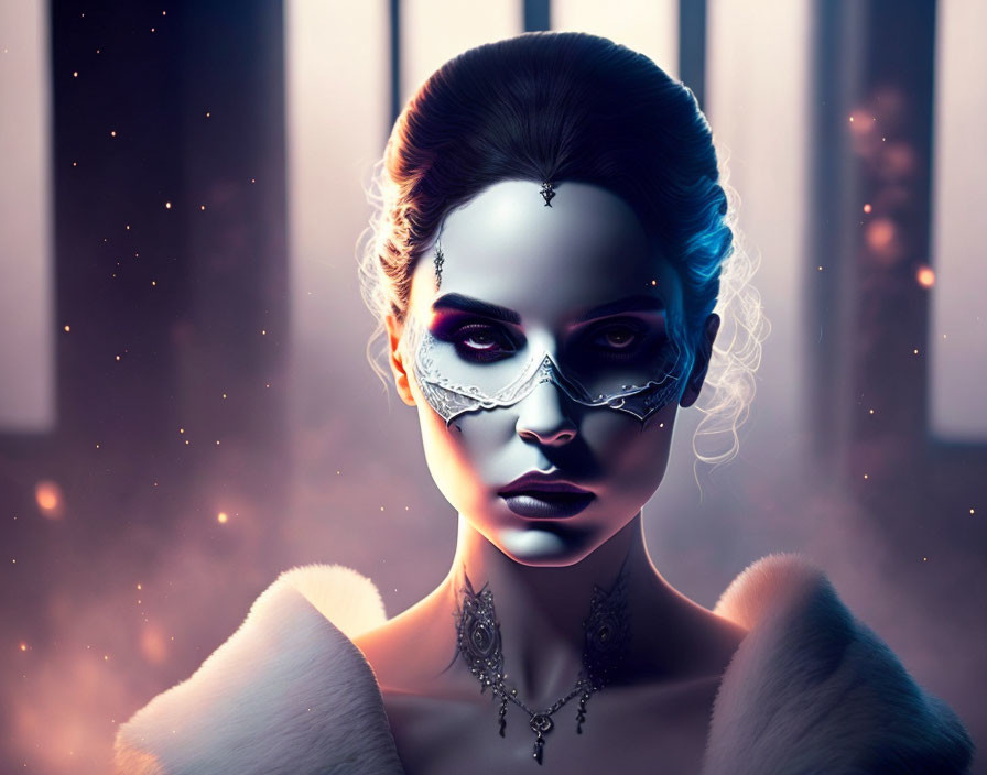 Digital portrait of a woman with lace mask, glowing eyes, and fur shawl in starlit backdrop