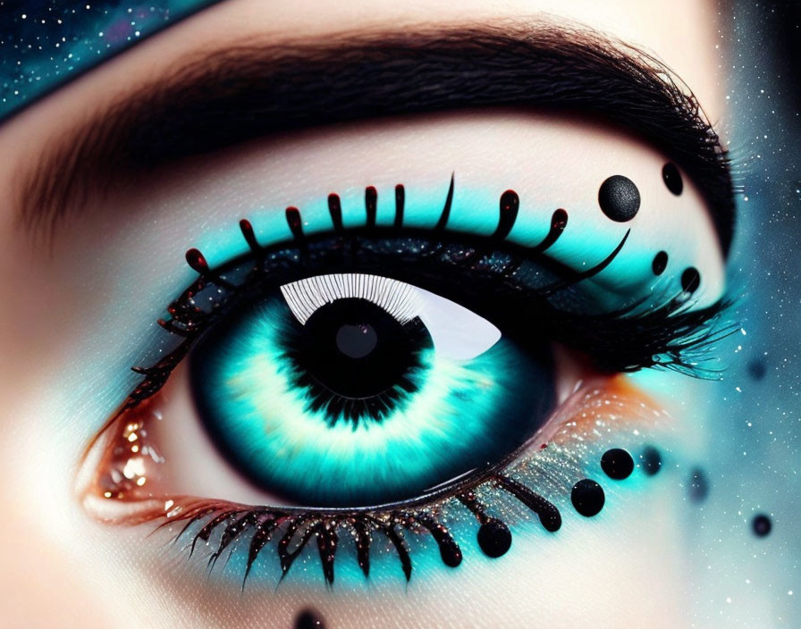 Detailed Close-Up: Vibrant Blue Eyeshadow, Black Eyeliner, & Dotted Patterns