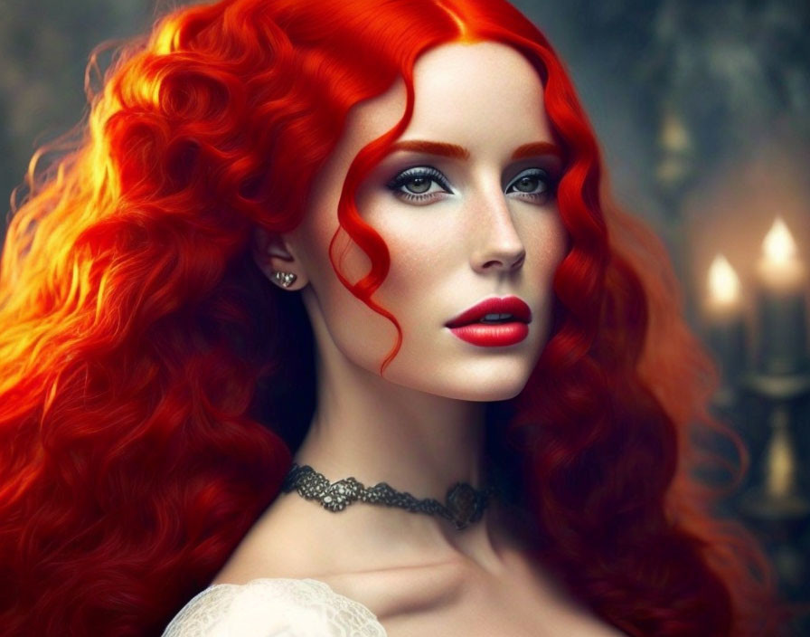 Portrait of woman with red hair, blue eyes, red lipstick, and candles in background