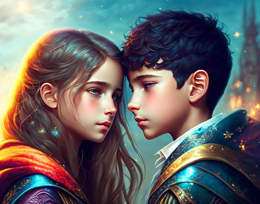 Fantasy-themed digital artwork of boy and girl in intricate clothing with magical starry glow