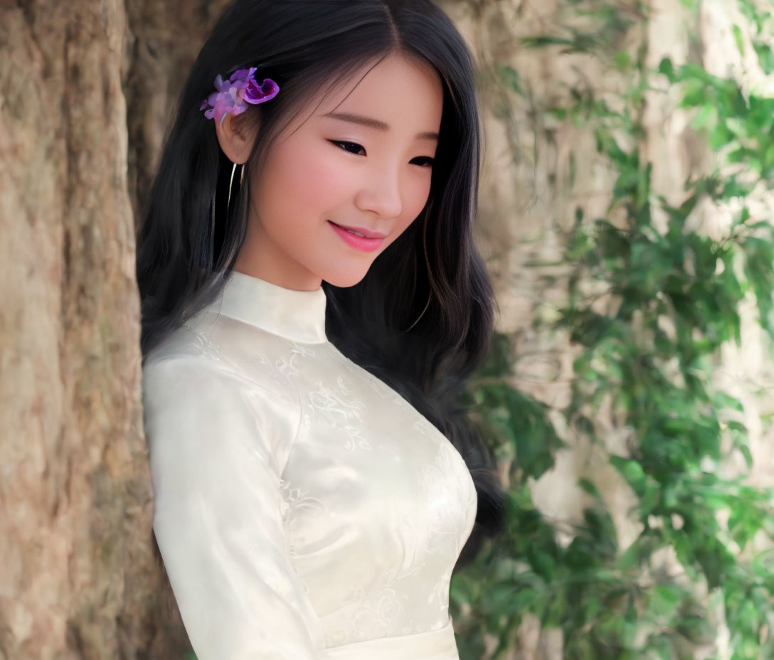 Traditional Attire Woman with Flower in Hair Smiling Against Tree Trunks