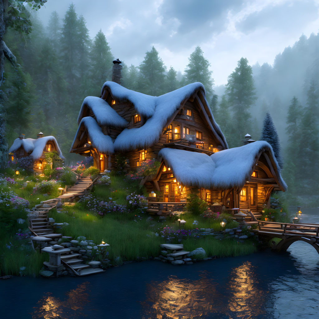 Snow-capped wooden cabin in lush greenery by tranquil river at twilight