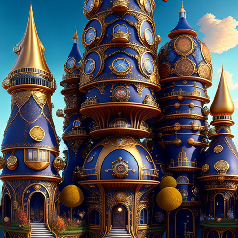 Fantastical castle with blue and gold towers against cloudy sky