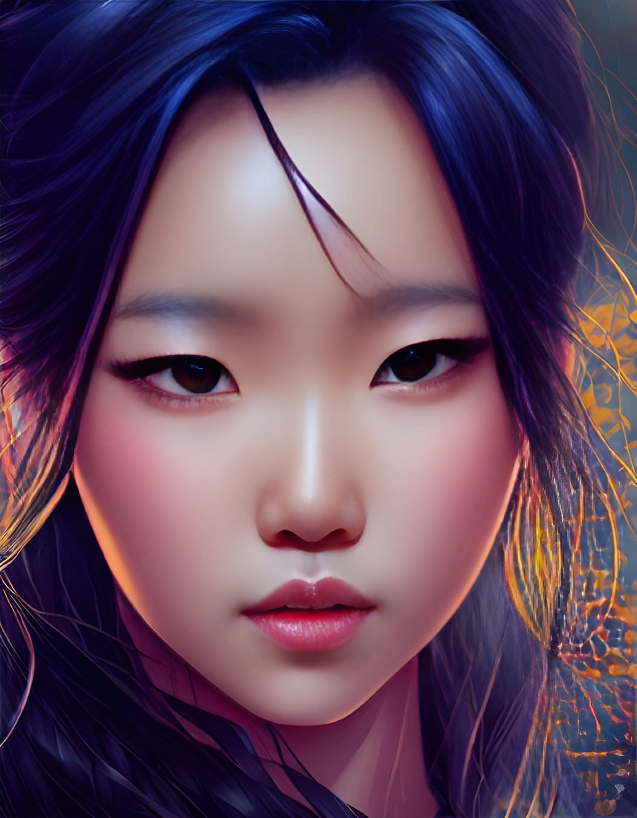 Illustrated female face with vibrant blue hair and bold eyeliner