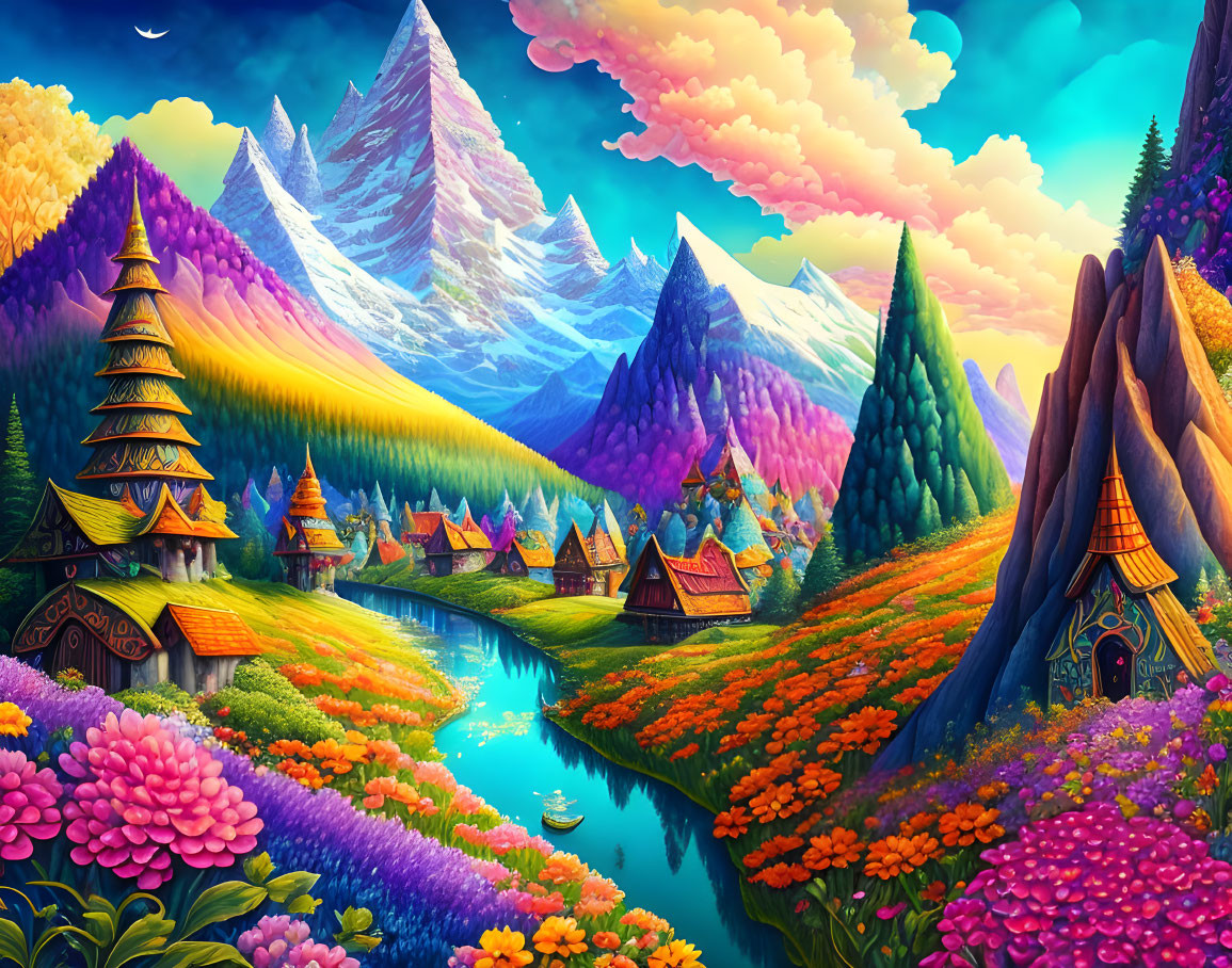 Colorful fantasy landscape with whimsical cottages, stream, mountains, and pastel sky