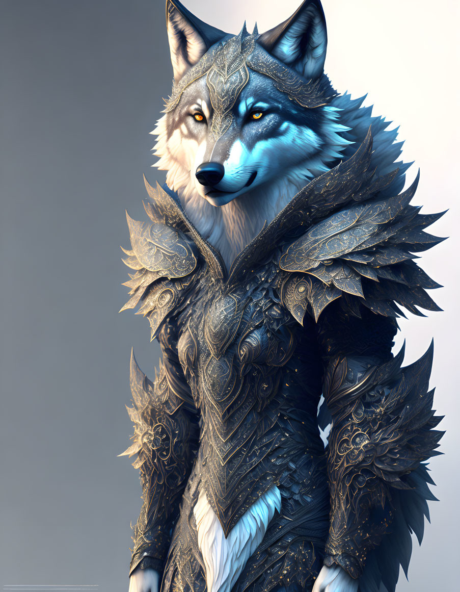 Blue-eyed wolf character in ornate armor with intricate designs