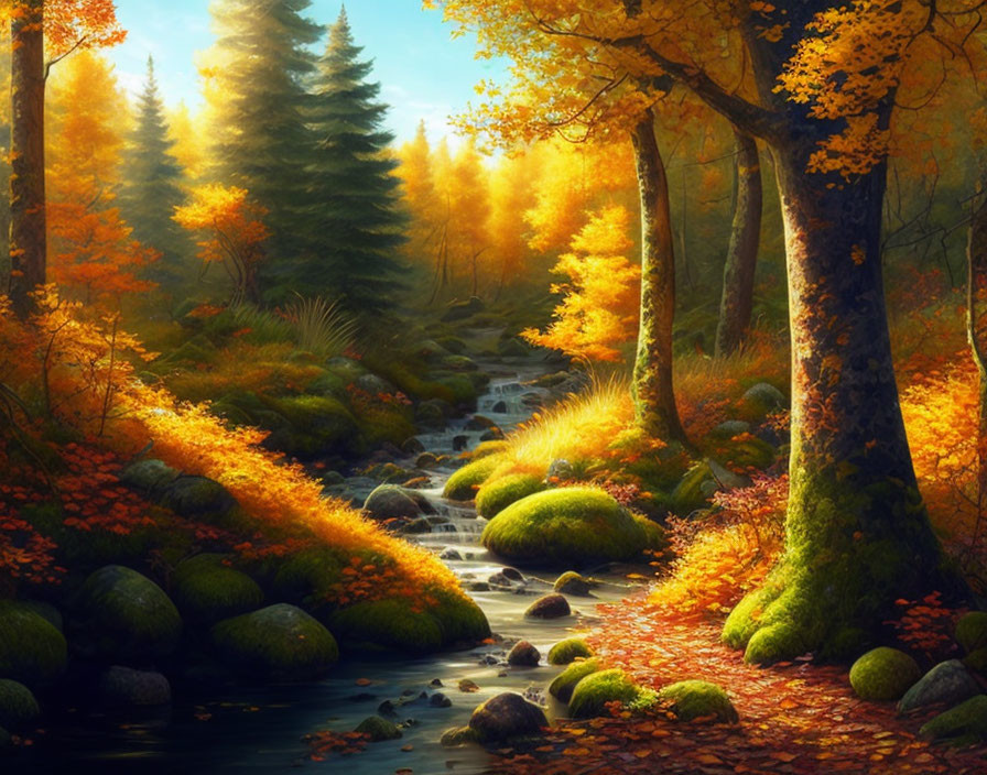 Tranquil Autumn Forest Scene with Golden Leaves and Stream