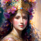 Young woman portrait with ornate golden headwear and floral garment