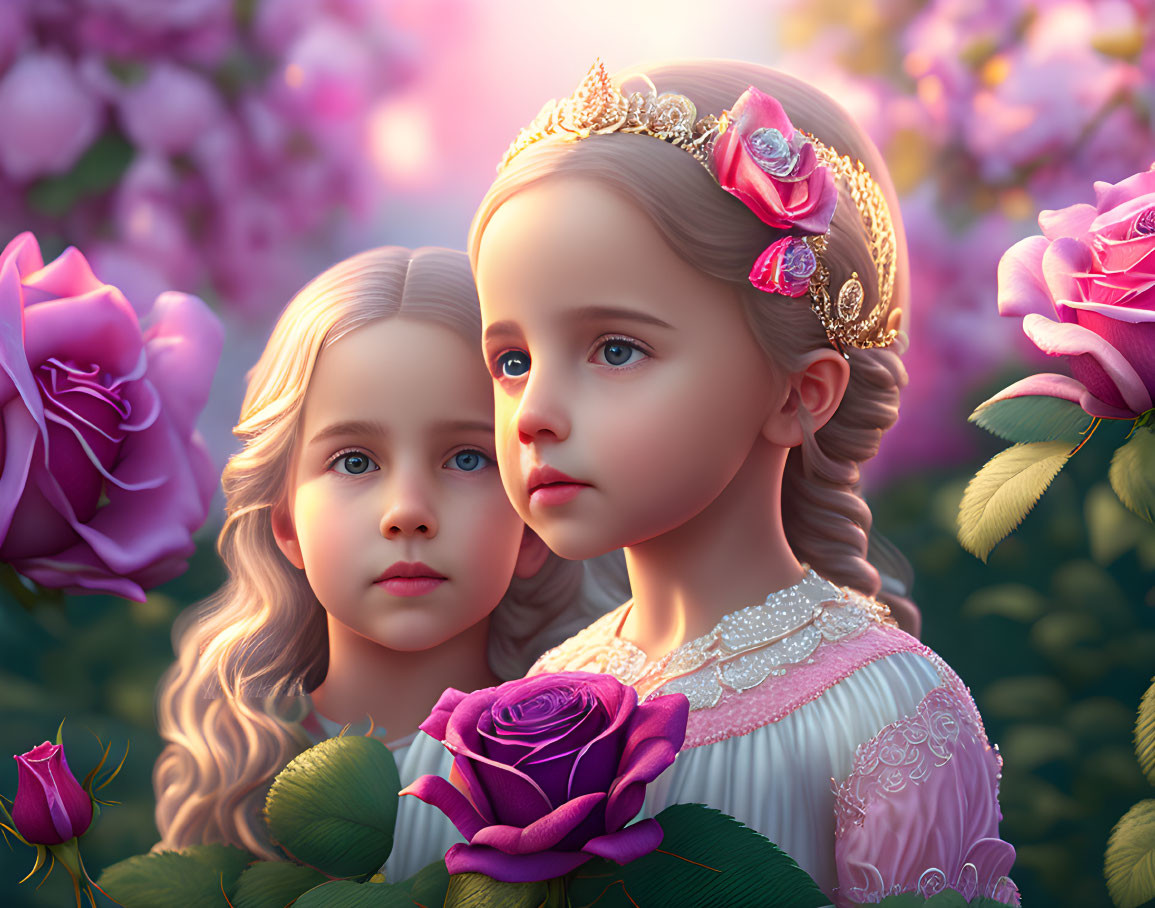 Digital artwork: Young girl with crown and rose, reflection in background among pink flowers