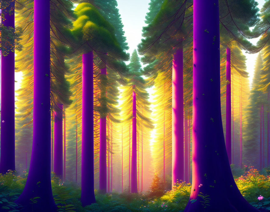 Mystical forest with sunlight filtering through towering trees