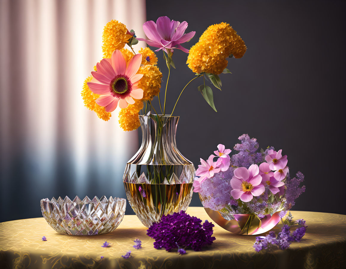 Colorful floral still life with glass vase, purple flowers, and crystal bowl on yellow tablecloth